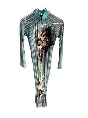 Green & Gold Striped Floral Embellished Long Sleeve Dress M 46d